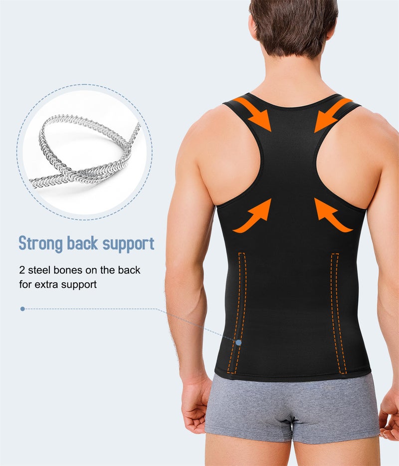 TAILONG Men Body Shaper Slimming Vest Tight Tank Top Compression Shirt Tummy Control Underwear Moobs Binder (Black, 2XL) - Image 3